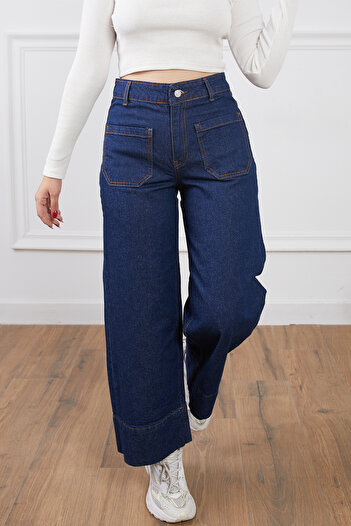 DPARİS Wide Leg Jeans with Front Pockets and Stitching Detail