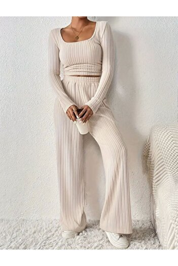 bemmoda Kadın Çizgi Desen Büzgü Detay Rahat Kesim İnterlok Alt Üst Takım