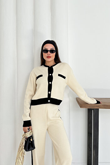 MİROR Women's Ecru Black Detailed Knitwear Two-Piece Set Buttoned Cardigan Top and Comfortable Wide-Leg Pants
