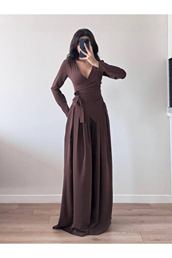LOCH BUTİK Women's Coffee Double Breasted Collar Tie Pleated Pants Two Piece Set
