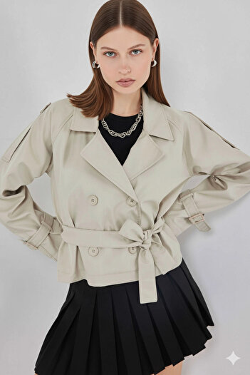 hazelin Women's Beige Double Breasted Collar Belted Lined Short Trench Coat Hzl25W-Bd159701