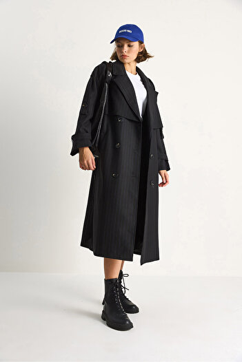 Bianco Lucci Women's Striped Button Detailed Belted Double Breasted Trench Coat 2038 60284055