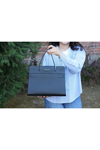 Aksesuarlia Black Color Genuine Leather Bag - Hand and Shoulder Bag, Shoulder Strap, Double Compartment