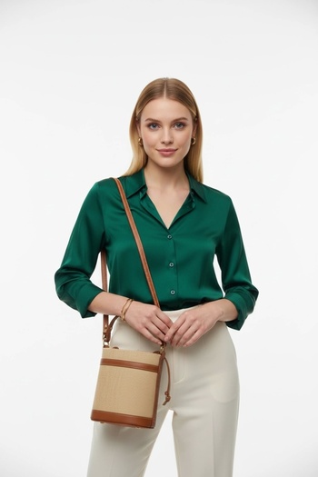 PayBuy Women's Contrast Stitched Bucket Shaped Hand and Shoulder Use Drawstring Modern Bag