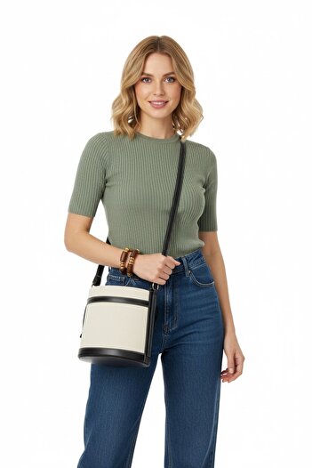 PayBuy Women's Contrast Stitched Bucket Shaped Hand and Shoulder Use Drawstring Modern Bag