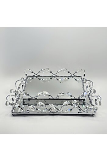 Furkan Crystal Decorative Stone Rectangular 2-Piece Tray Silver