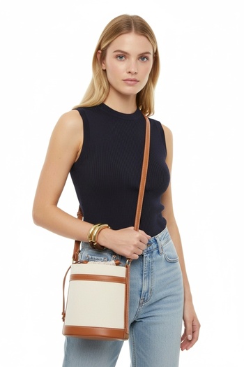 PayBuy Women's Contrast Stitched Bucket Shaped Hand and Shoulder Use Drawstring Modern Bag