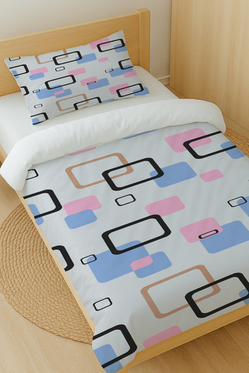 Else Dekor Blue Pink Geometric Patterned Cotton Satin Single Duvet Cover Set 160X220Cm