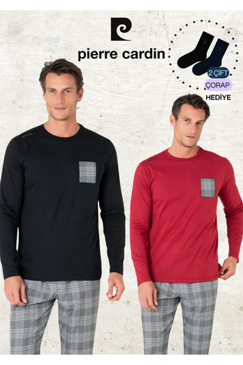 Pierre Cardin Men's 100% Cotton Plaid Detailed Black & Burgundy Two Piece Pajama Set L1.Pc.6107.002