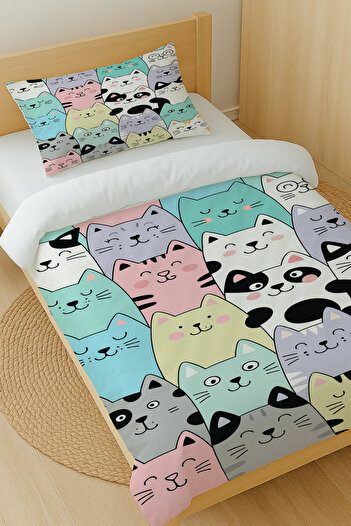 Else Dekor Colorful Cats Patterned Cotton Satin Single Duvet Cover Set 160X220Cm