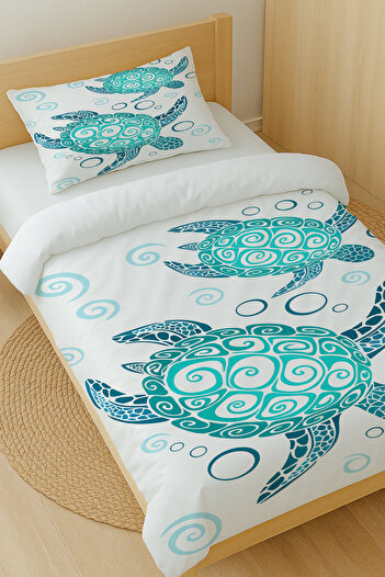 Else Dekor Turquoise Caretta Turtle Patterned Cotton Satin Single Duvet Cover Set 160X220Cm