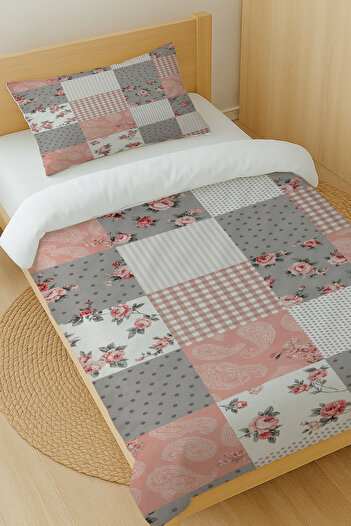 Else Dekor Grey Pink Retro Floral Pattern Cotton Satin Single Duvet Cover Set 160X220Cm