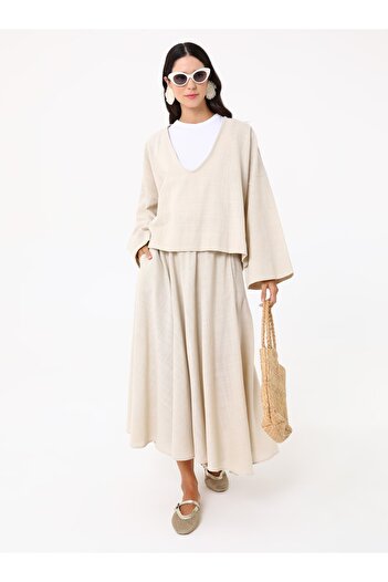 MRS. POLEEN Wide Sleeve Skirt Blouse Set - Beige - Mrs Poleen