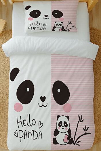 Else Dekor Cute Panda Patterned Cotton Satin Single Duvet Cover Set 160X220Cm