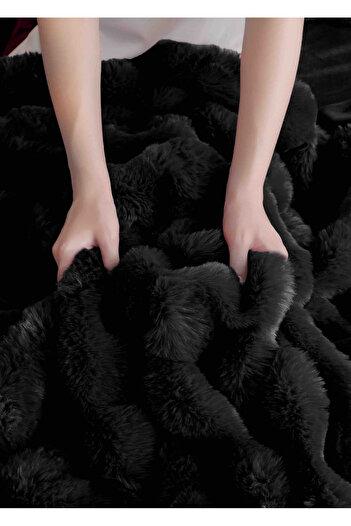 JOJO HOME Double bed linen, Extra Fluffy, made of artificial rabbit fur, 6 pieces, Black