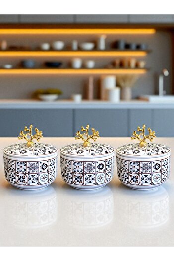 ferayhome Kitchen Accessory 3-Piece Breakfast Storage Container Spice Rack Sugar Bowl Ceramic Pattern Gold