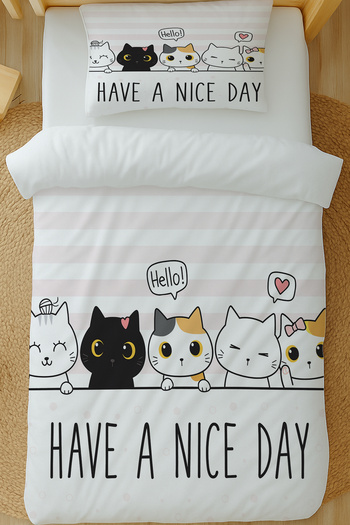 Else Dekor Little Cat Patterned Cotton Satin Single Duvet Cover Set 160X220Cm