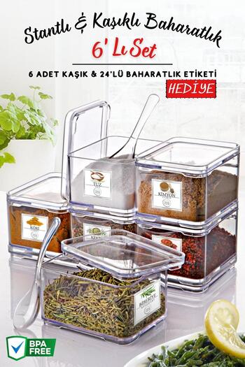Nandy Home 6-Piece Clear Spice Bowl Set with Stand, Spoon and Visual Label Gift