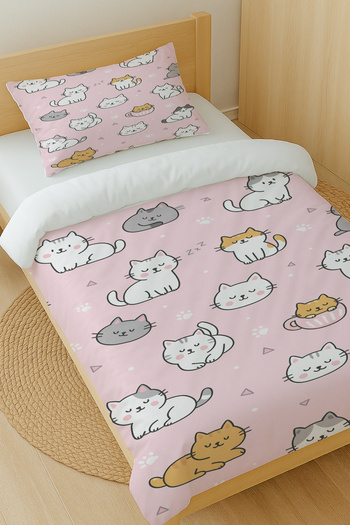 Else Dekor Pink Cute Cats Patterned Cotton Satin Single Duvet Cover Set 160X220Cm