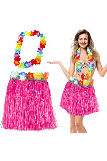 Skygo Hawaiian Luau Aloha Pink Tufted 40 cm Skirt and Hawaii Necklace Set