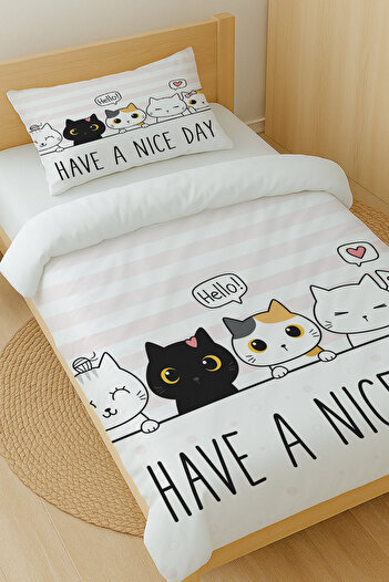 Else Dekor Little Cat Patterned Cotton Satin Single Duvet Cover Set 160X220Cm