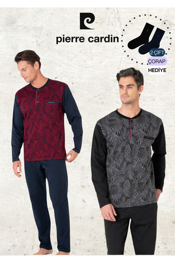 Pierre Cardin Men's 100% Cotton Long Sleeve Jacquard Burgundy & Black Two Piece Pajama Set L1.Pc.6111.002