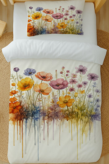 Else Dekor Watercolor Flowers Pattern Cotton Satin Single Duvet Cover Set 160X220Cm