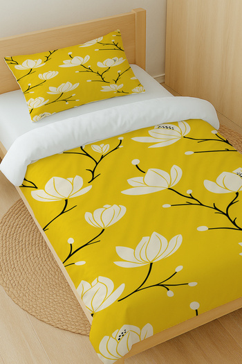 Else Dekor Yellow and White Flowers Patterned Cotton Satin Single Duvet Cover Set 160X220Cm