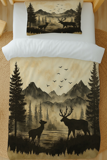Else Dekor Mountain View Deer Patterned Cotton Satin Single Duvet Cover Set 160X220Cm