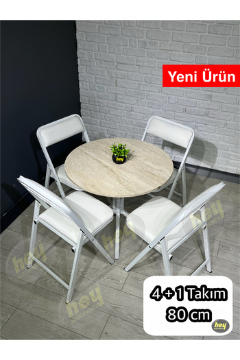 hey modüler mobilya Aras Traverten 4 Kişilik Yuvarlak Mutfak Yemek Masası Takımı 4+1 Beyaz Deri 80 cm