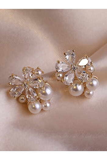 Take Two By Styli Rhinestone Flower Faux Pearl Decor Stud Earrings