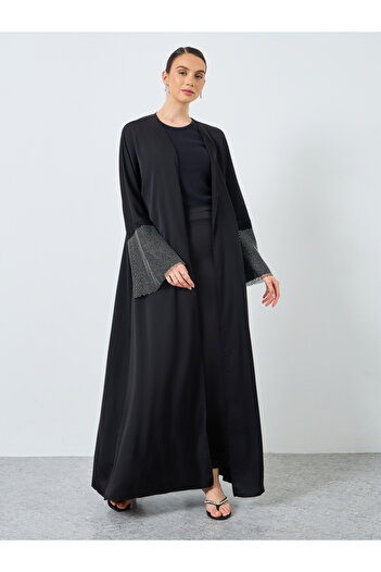 Take Two By Styli Mesh Insert Sleeve Open Front Abaya
