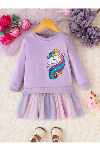 Take Two By Styli Girls Purple Unicorn Sweatshirt and Mesh Skirt Set