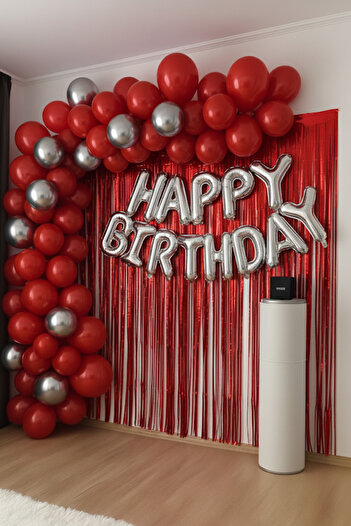 Baloncu Nene Happy Birthday Foil Set Red Silver Balloon Party Birthday Decoration Set