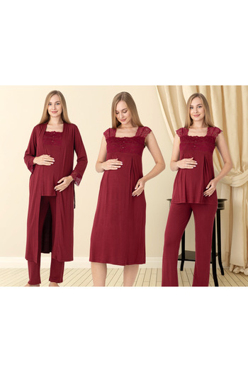 Miss Dünya Lissa Lace-Detailed Elegant Robe, Nightgown, and Pajama 4-Piece Nursing and Maternity Set