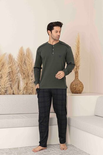 Tarık Men's 100% Cotton Interlock Khaki Plaid Pattern Long Sleeve Half Button Pajama Set