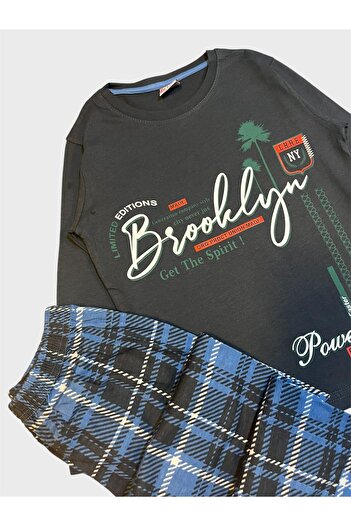 tusem butik homewear Boy's Cotton Smoked Color Brooklyn Lettering Six Plaid Pattern Long Sleeve Pajama Set