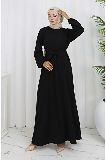 sefamerve Belted Dress with Elastic Sleeves 2150-02 Black