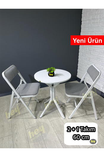 hey modüler mobilya Mercan 2 Kişilik Yuvarlak Mutfak Yemek Masası Takımı 2+1 Beyaz Kazayağı Kumaş 60 cm