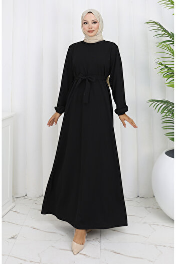 sefamerve Belted Dress with Elastic Sleeves 2150-02 Black