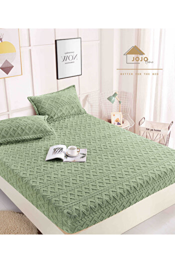 JOJO HOME Knitted Pillowcase with Elastic and Pillowcases 180x200cm, Green