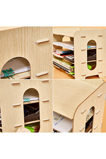 eR D L Document holder with 4 wooden shelves, books.