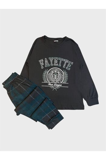 tusem butik homewear Boys' Cotton Smoked Color Fayette Text Underneath Plaid Pattern Long Sleeve Pajama Set