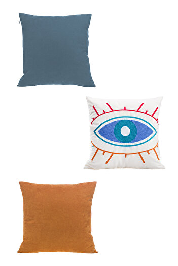ASDİVA 3-Piece Panoroma Decorative Throw Pillow Cover – Bohemian Abstract Eye Punch + Orange + Petrol 45X45Cm
