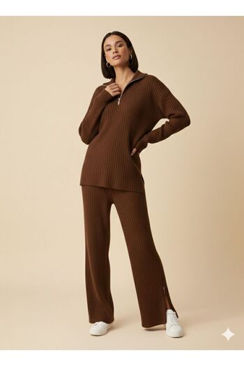 dwnwear Women's Ribbed Collar Zippered Knitwear Set