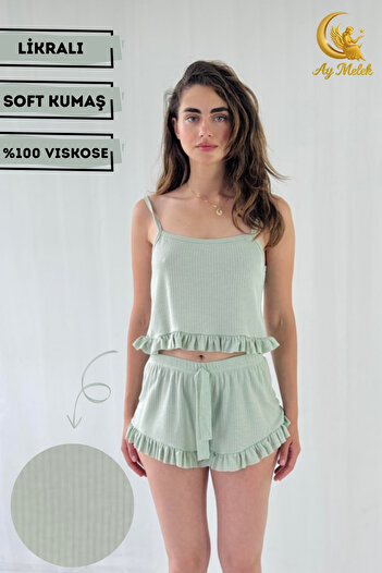 AYMELEK Women's Crop Strap Ruffle Detailed 100% Cotton Mini Shorts Pajama Set Dowry