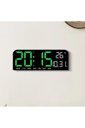 FOXMAG24 Digital Table & Wall Clock, Green LED, Calendar, Alarm, Thermometer, Stopwatch, 24x9cm
