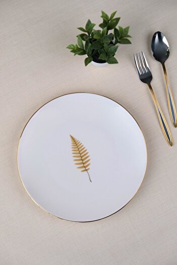 tabakevi Tabak Evi Porselen Natura Fern Altın Yaldız Pasta Tabağı 20,50cm Tekli