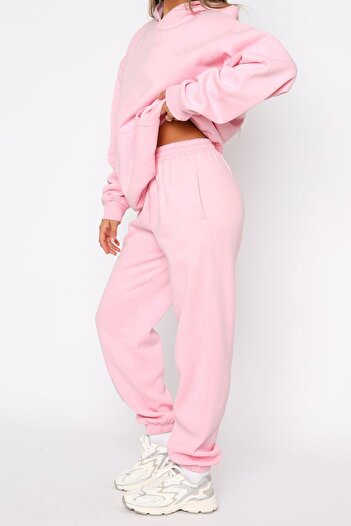 The Champ Clothing Σετ αθλητικών φόρμας Unisex Oversize Ροζ – Basic, 3-κλωνο ριγέ φλις; Φούτερ με κουκούλα, ελαστικό κάτω μέρος