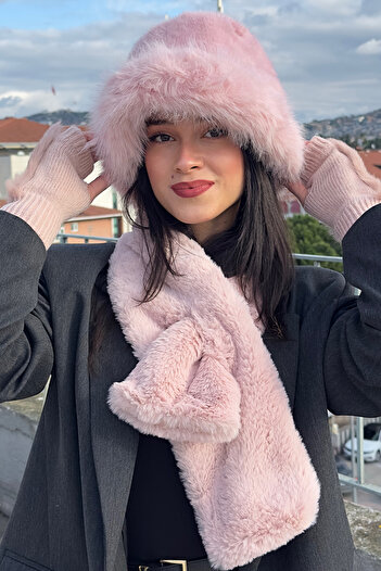 Mavelle Women's Pink Winter Plush 3-Piece Set |   Faux Fur Bucket Hat |   Plush Scarf Gloves Set